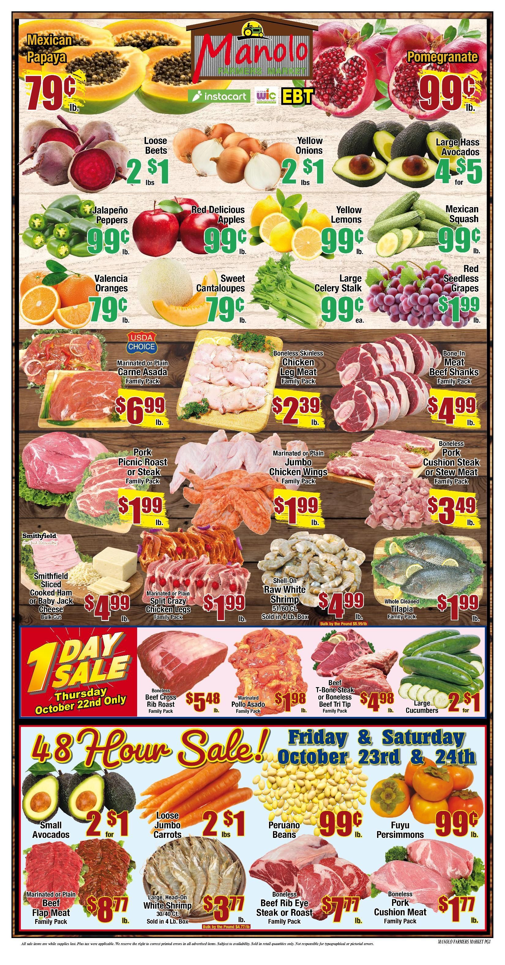 Manolo store flyer with produce and meat weekly sale prices.