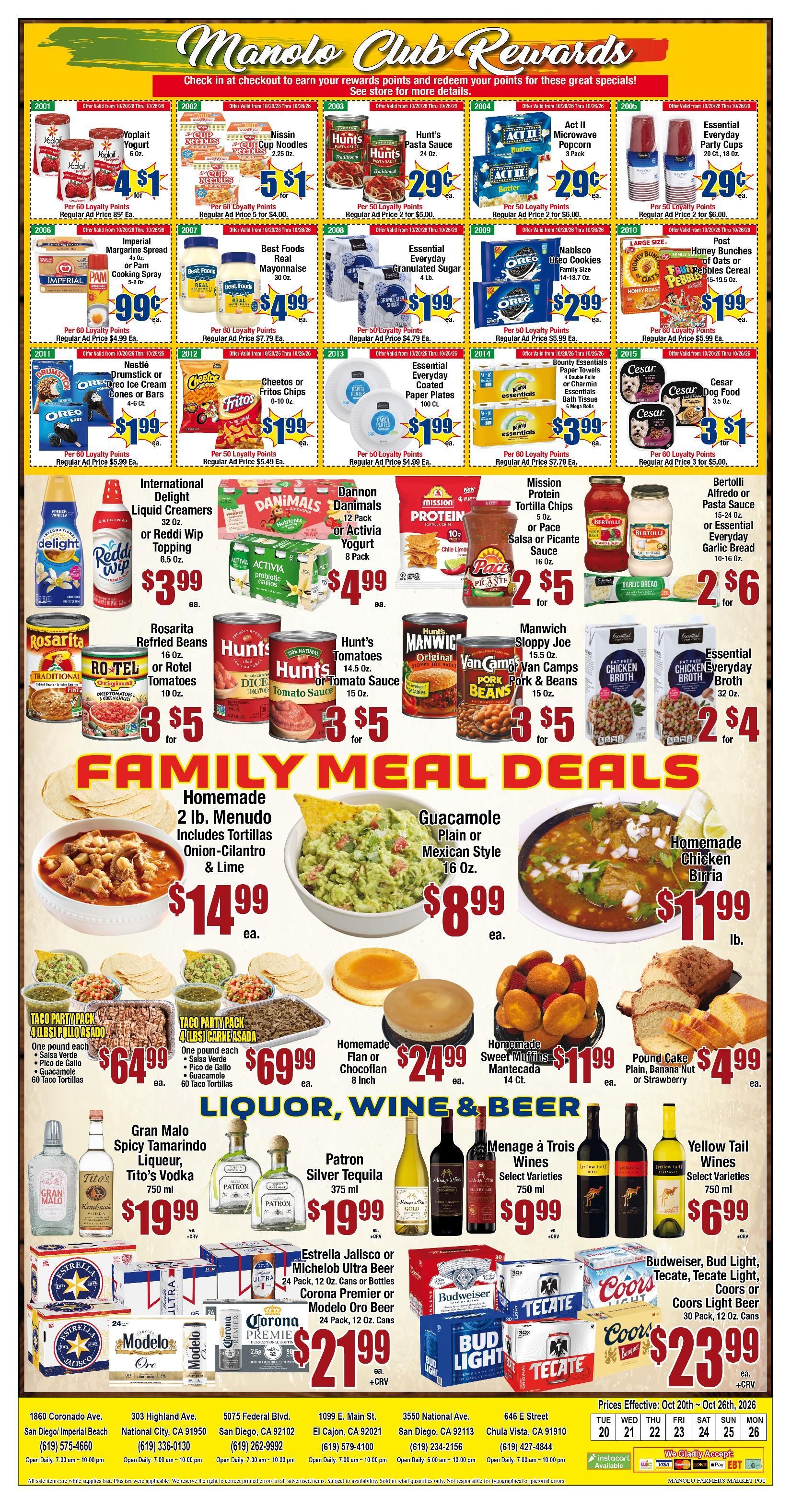 Manolo store advertisement featuring food and liquor weekly deals.