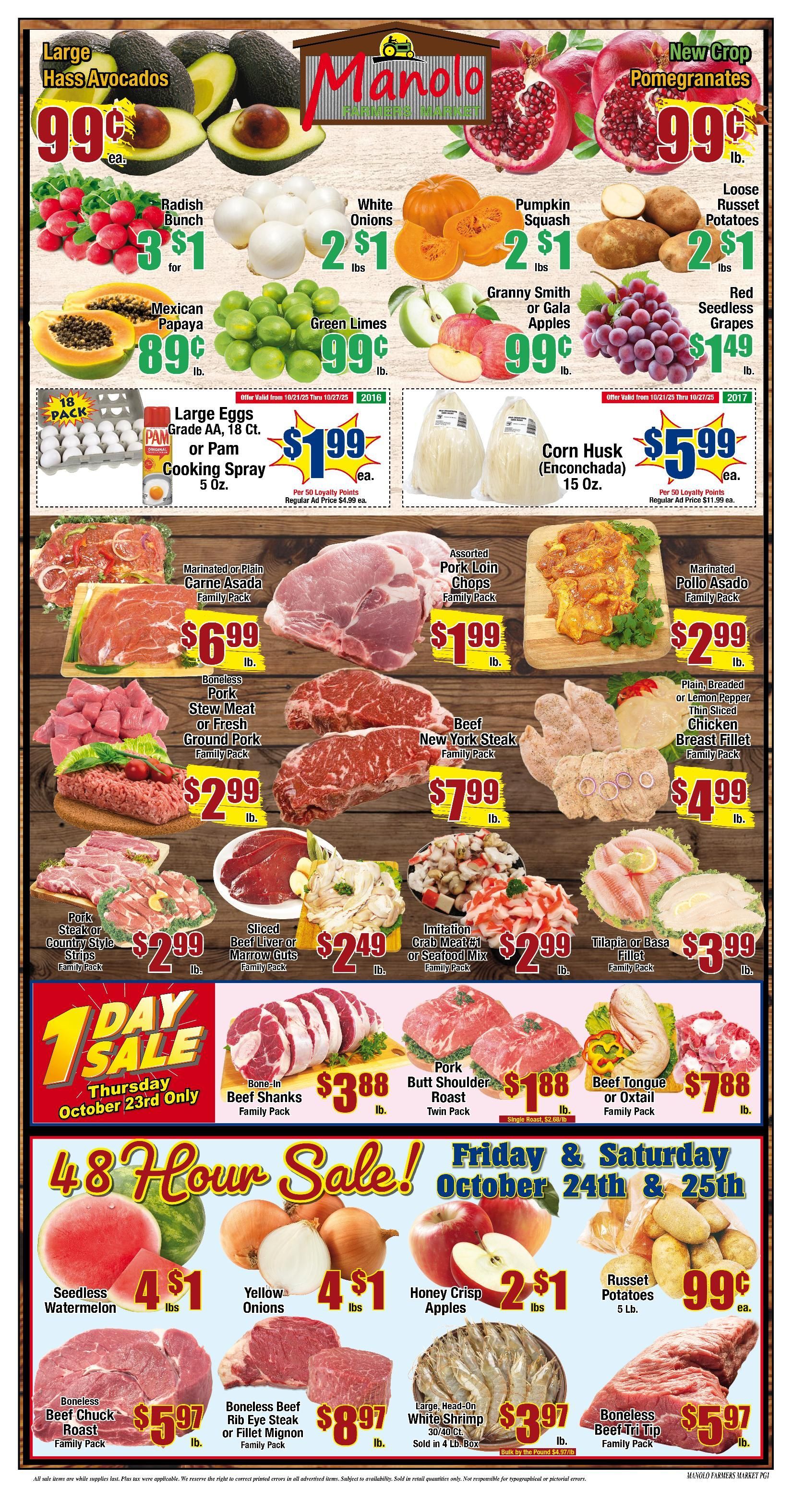 Manolo store flyer with produce and meat weekly sale prices.