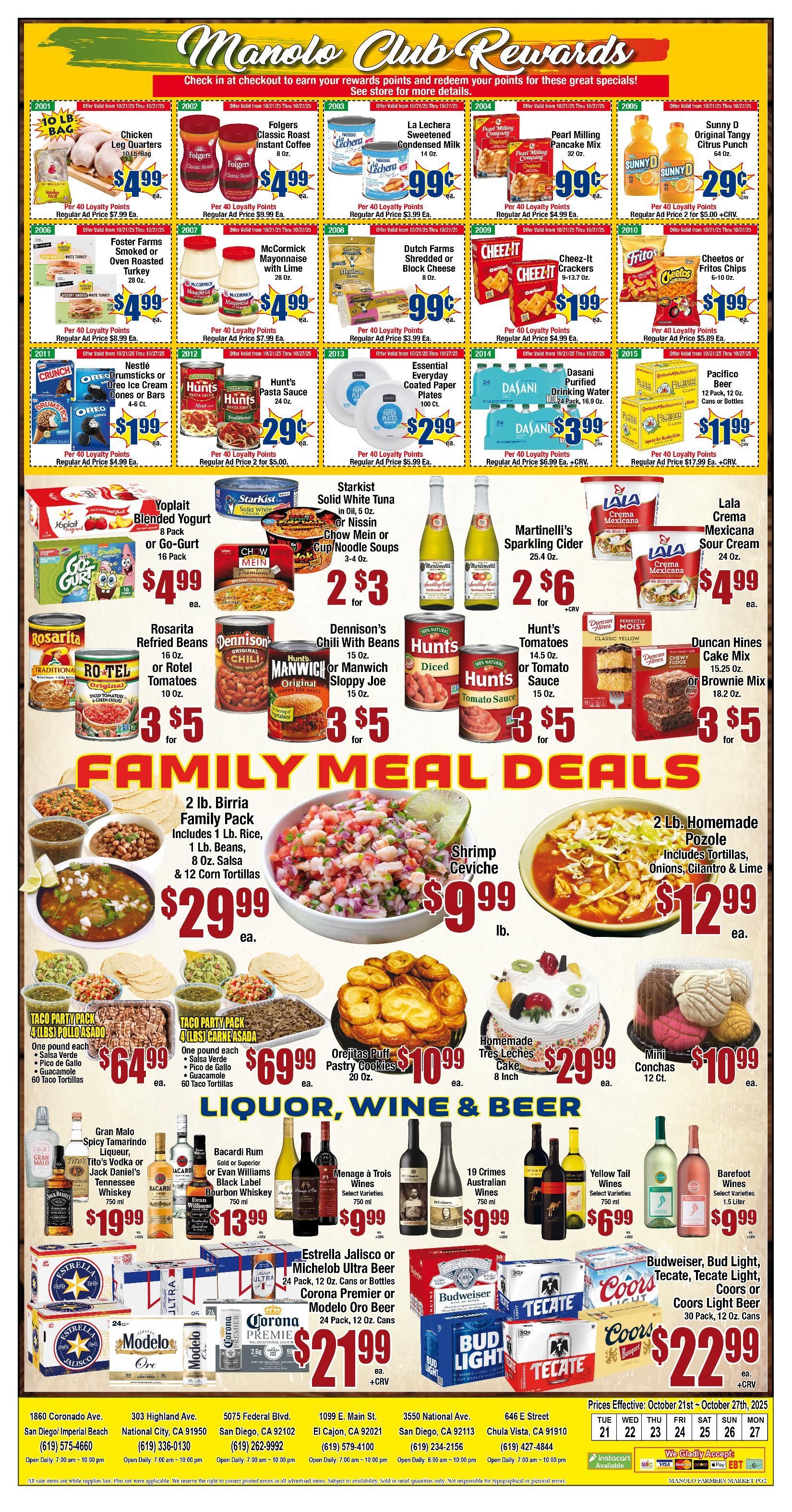 Manolo store advertisement featuring food and liquor weekly deals.