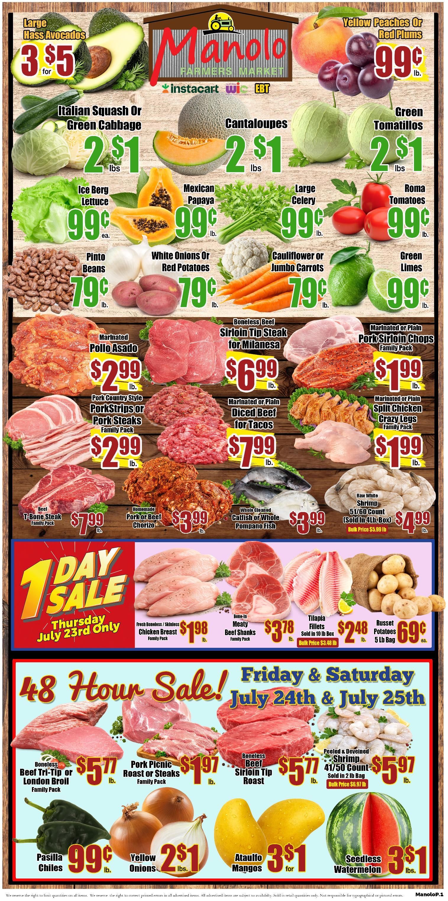 Manolo store flyer with produce and meat weekly sale prices.