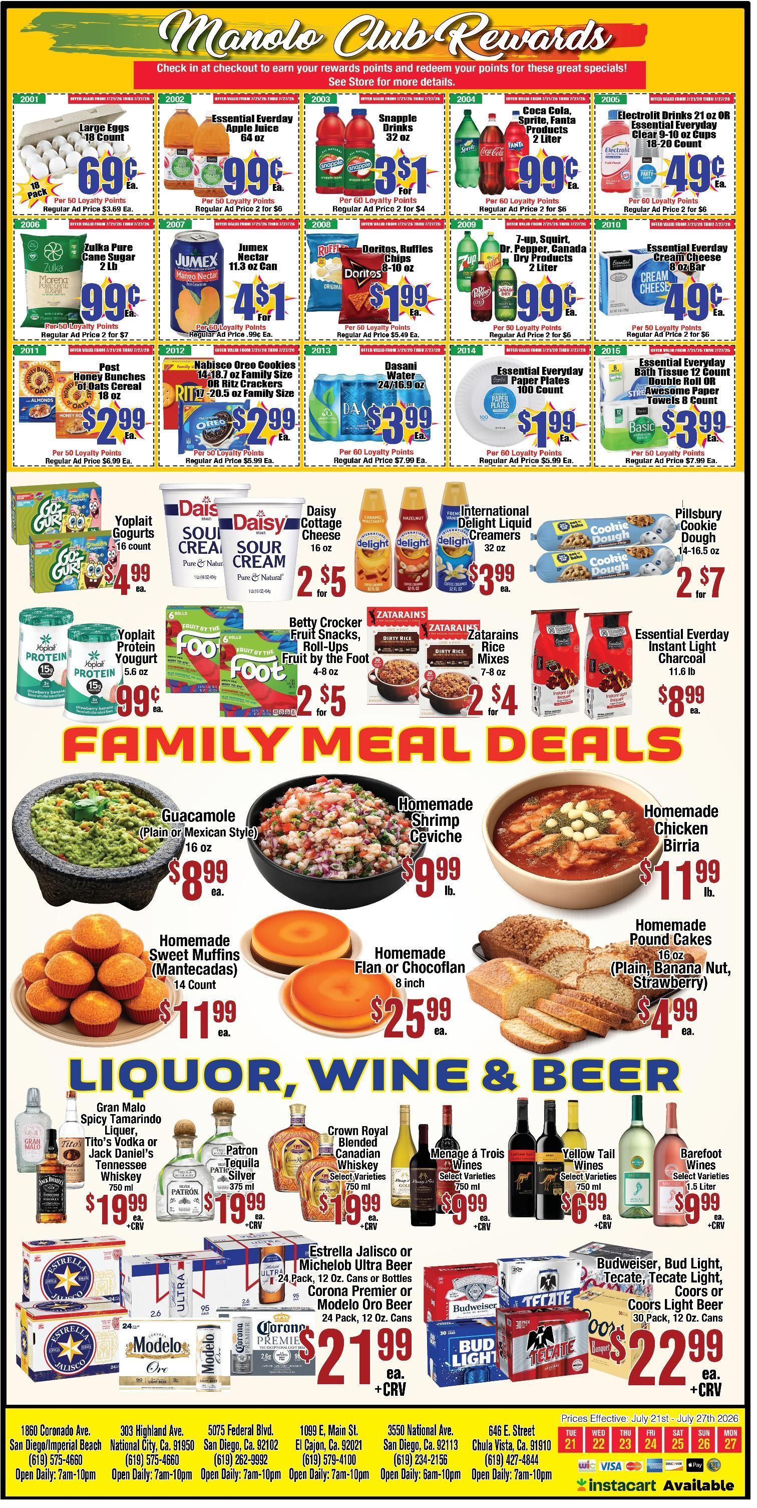 Manolo store advertisement featuring food and liquor weekly deals.