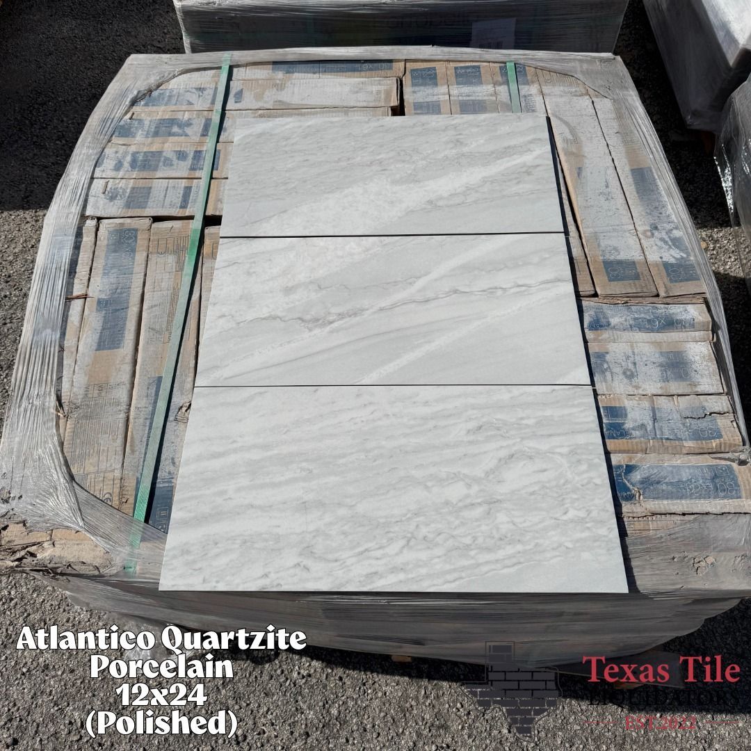 Atlantic Quartzite porcelain tile samples arranged in a crate, with 