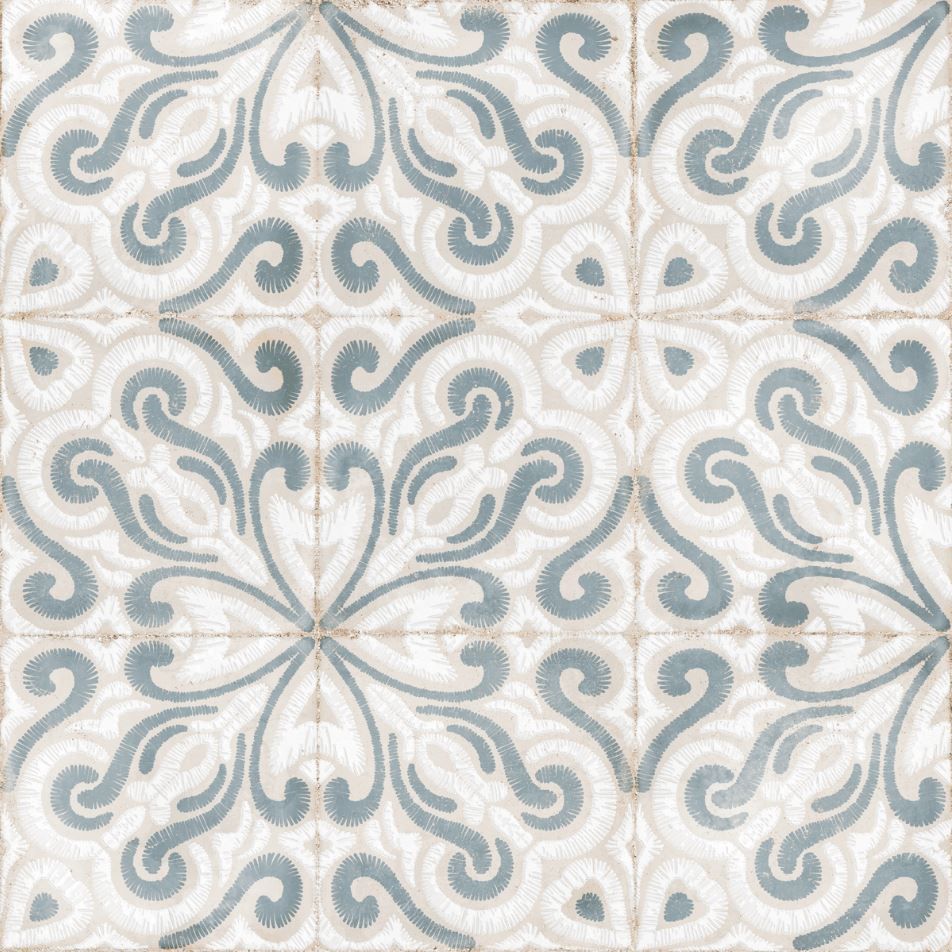 Light gray and beige floral tile pattern with symmetrical decorative swirls