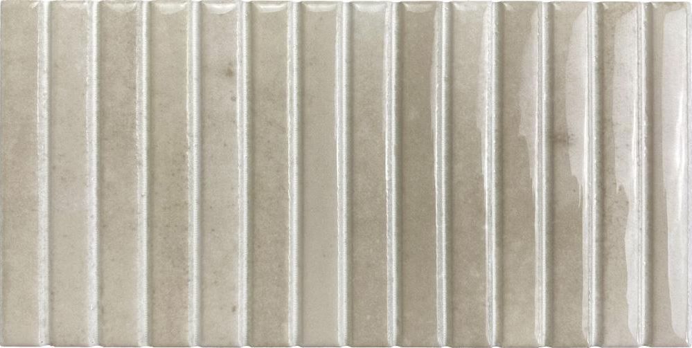 Close-up of beige vertical blinds with narrow textured slats.