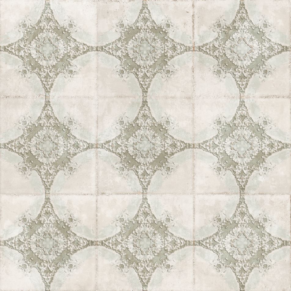 Beige and gray geometric tile pattern with repeating circles and star-like motifs