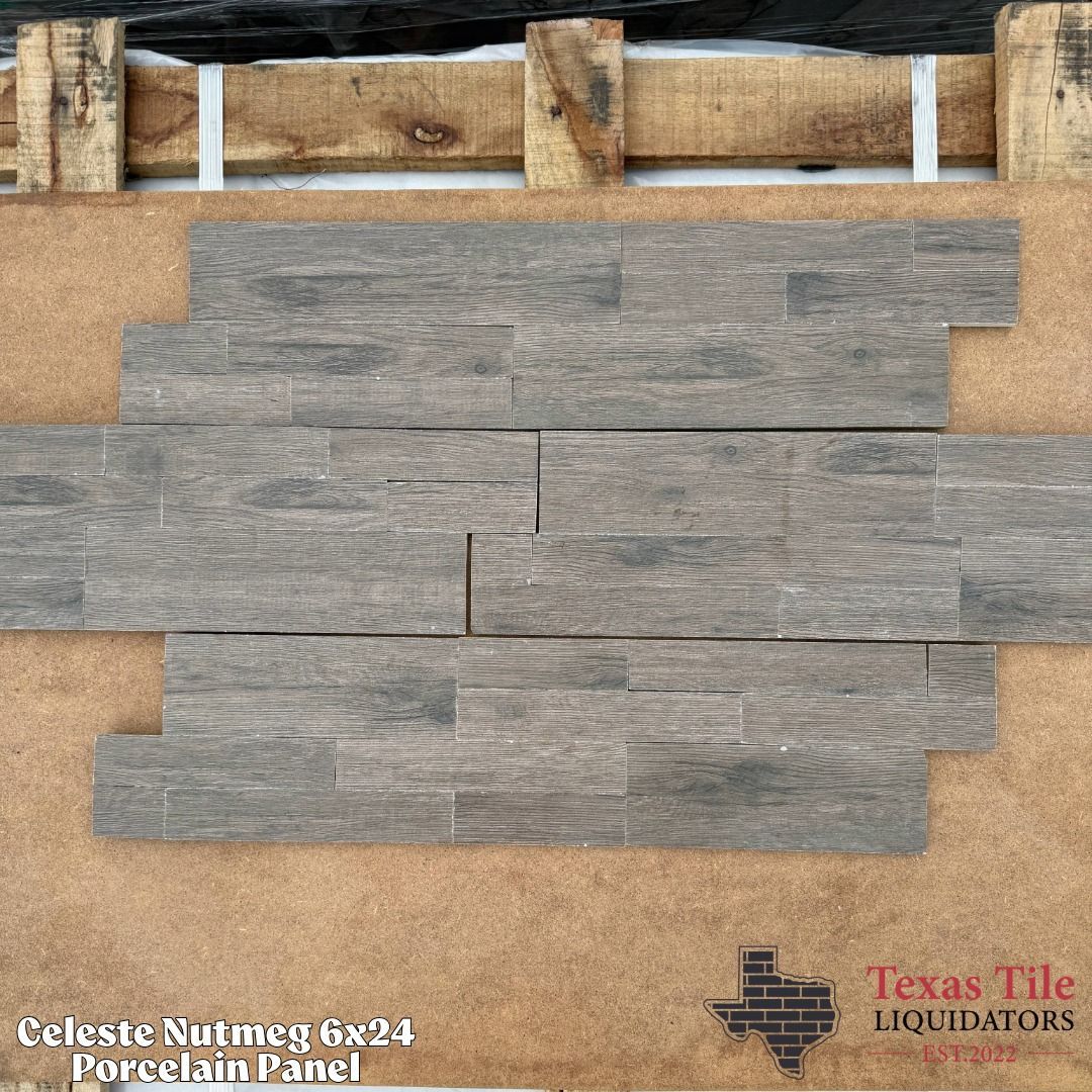 Gray stone-look tile sample board on a tan backing with Texas Tile logo and product text.