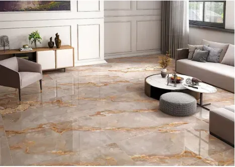 A modern living room with glossy marble-style floors, a grey sofa, an armchair, and a circular two-tiered coffee table.