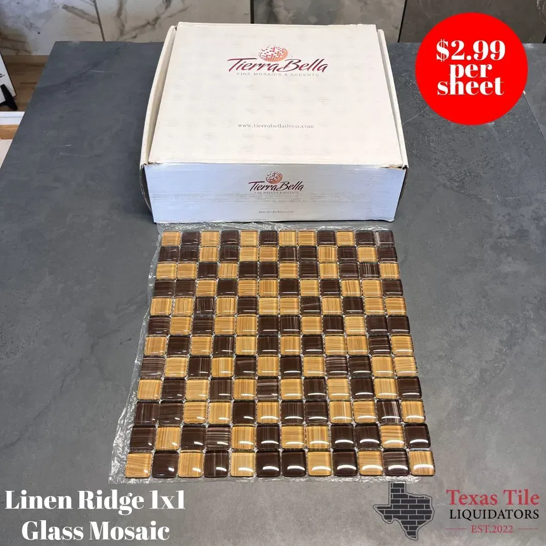 Linen Ridge 1x1 glass mosaic tiles in brown and tan squares, displayed with packaging for $2.99 per sheet.