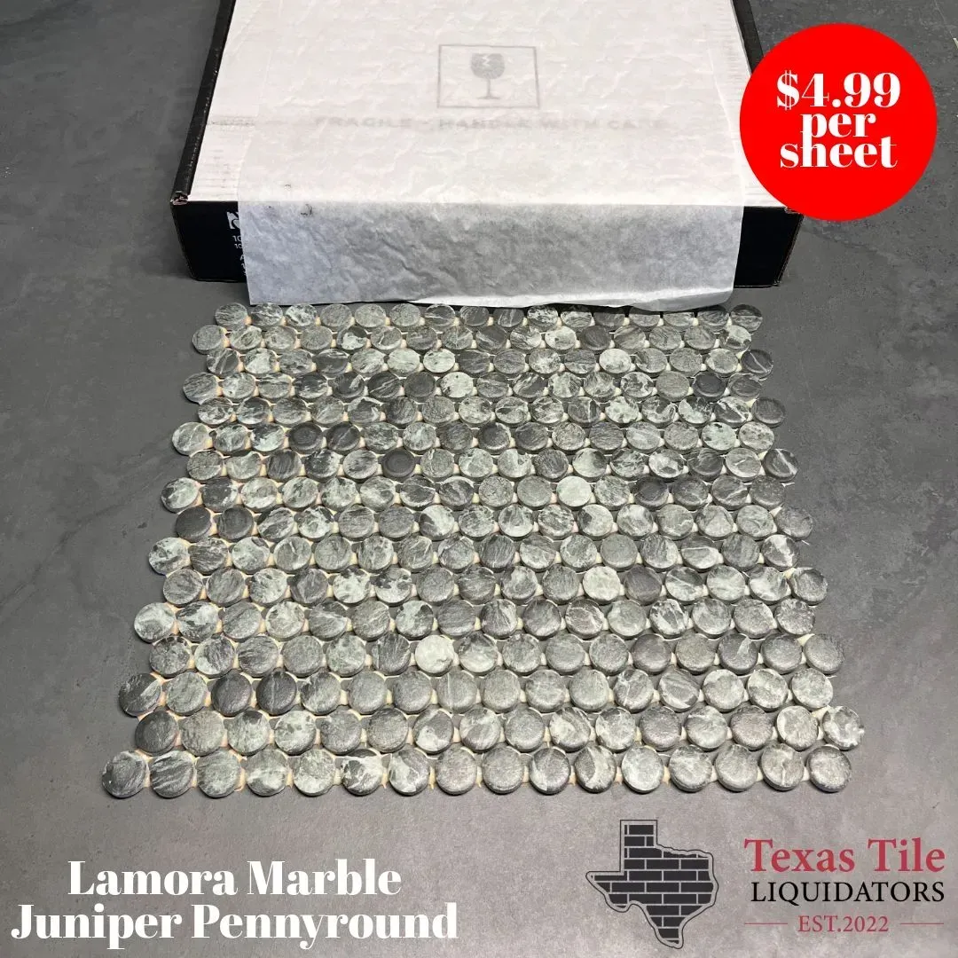A sheet of gray marbled penny-round tiles labeled Lamora Marble Juniper Pennyround from Texas Tile Liquidators.