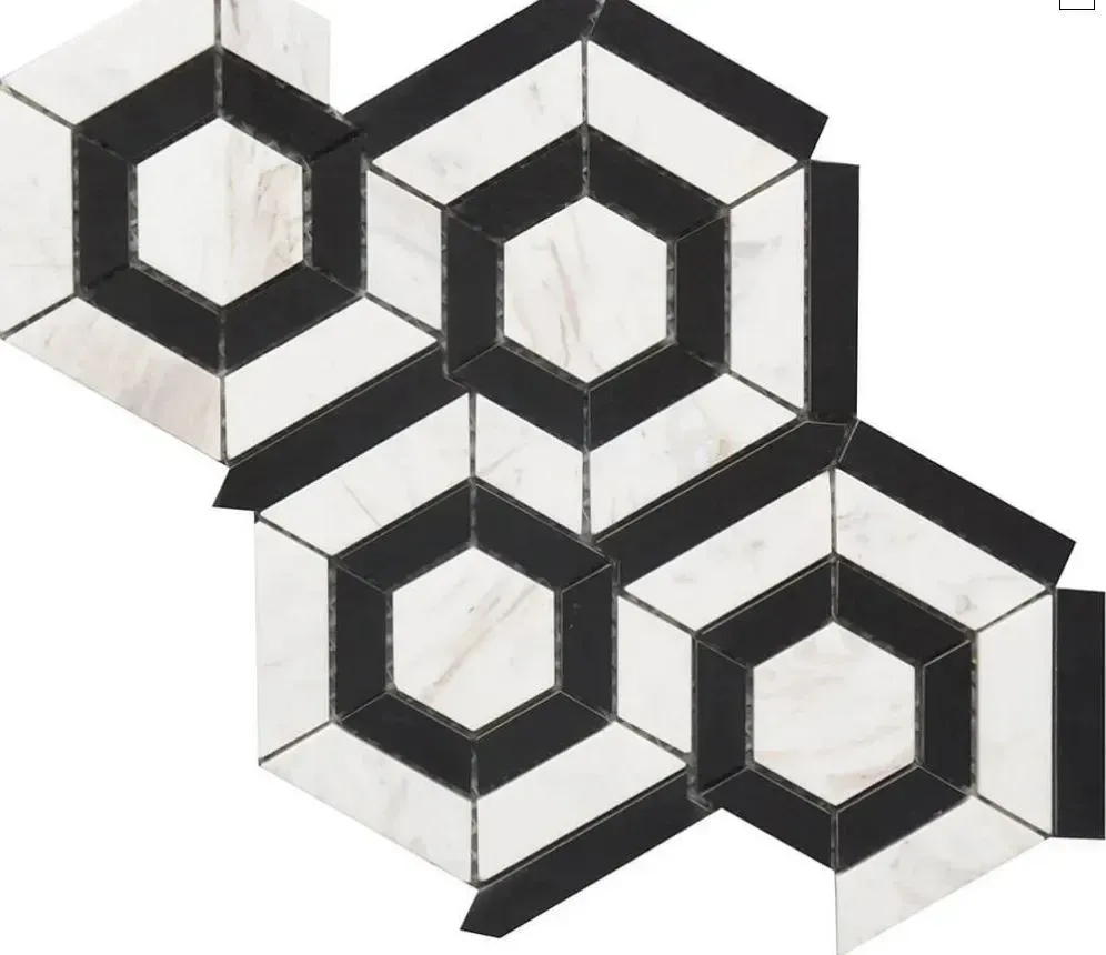 A repeating geometric tile pattern featuring white marble hexagons framed by black trapezoidal borders.