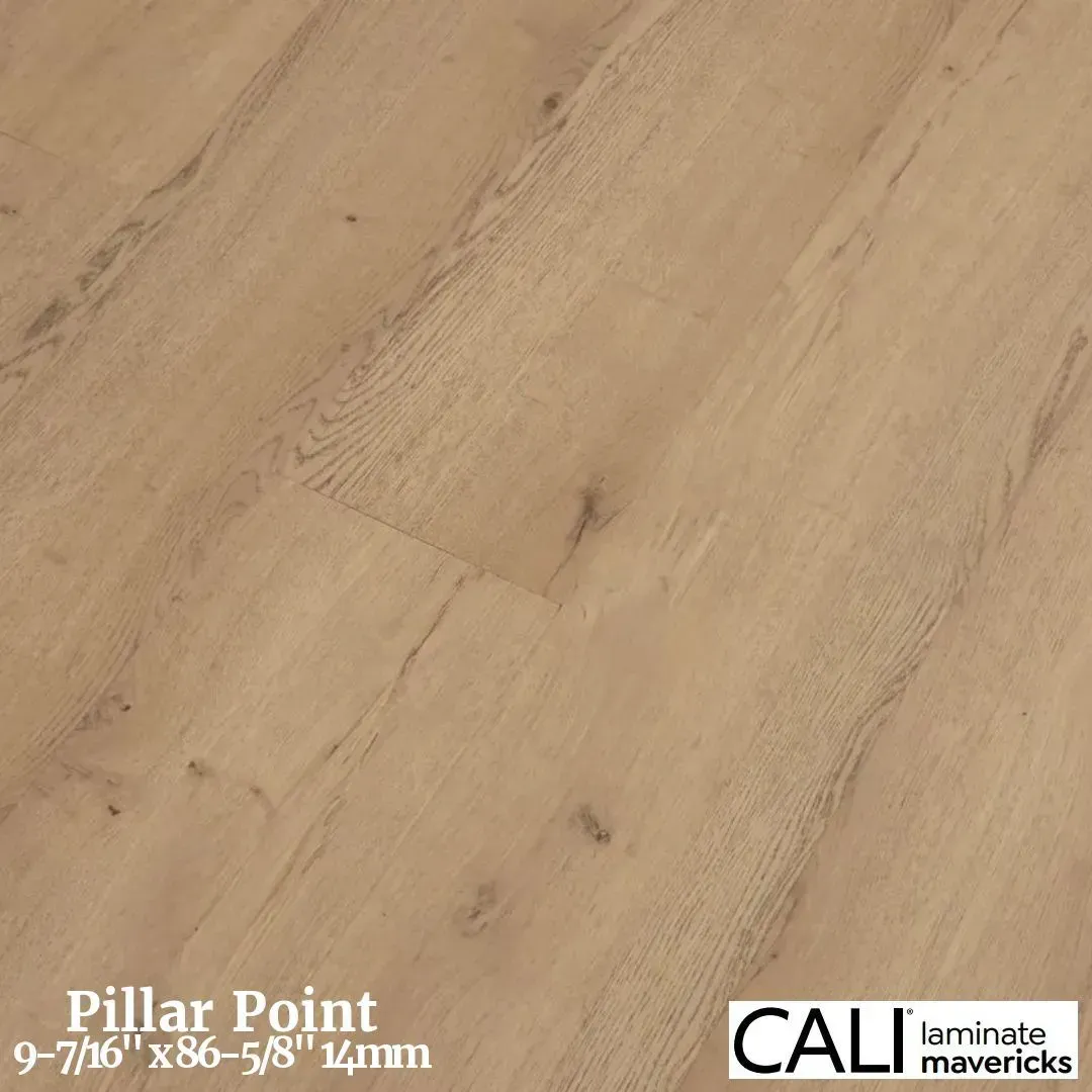 A high-angle view of Cali Mavericks Pillar Point laminate flooring featuring light brown wood grain planks.