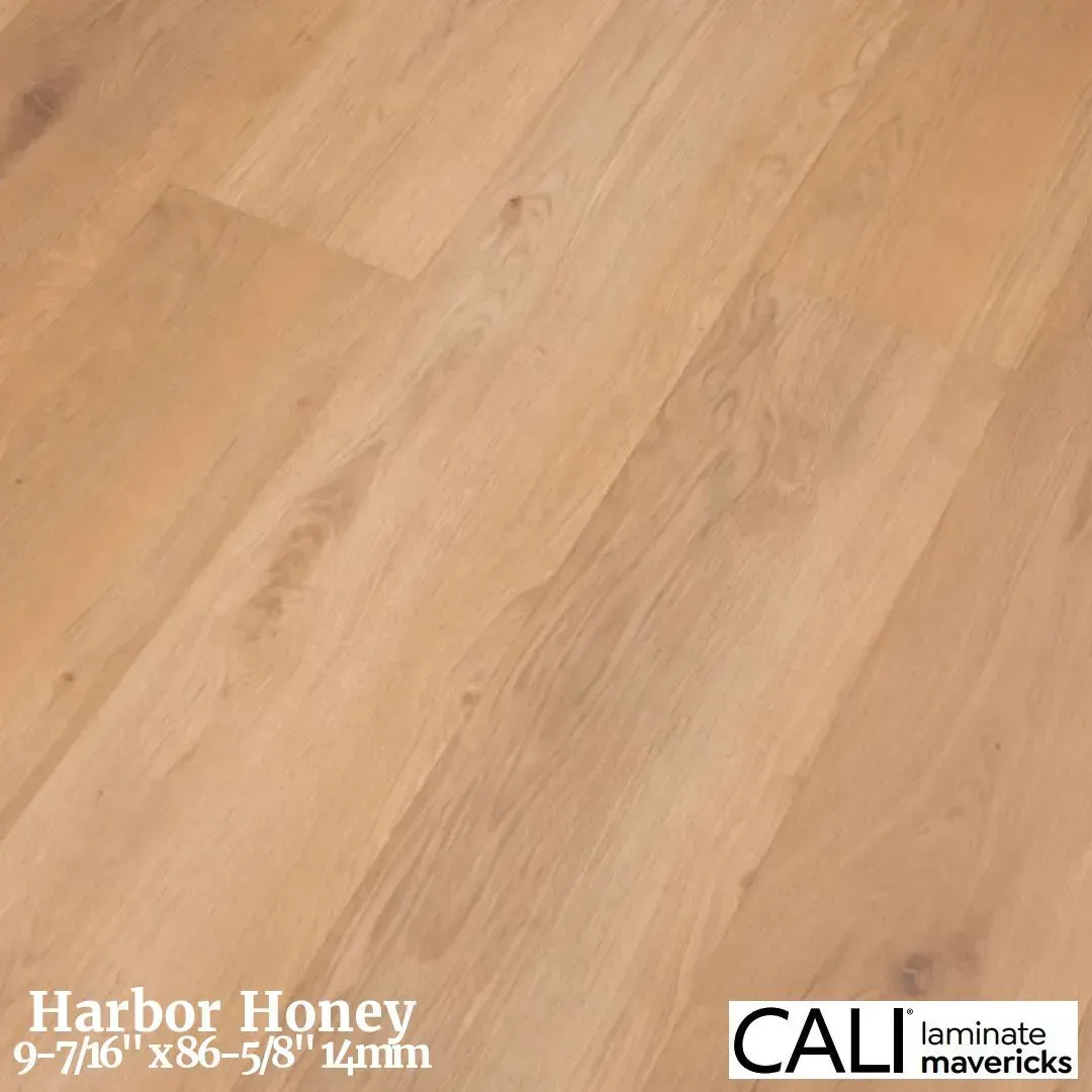 CALI Mavericks laminate flooring in Harbor Honey, featuring a light wood grain pattern.