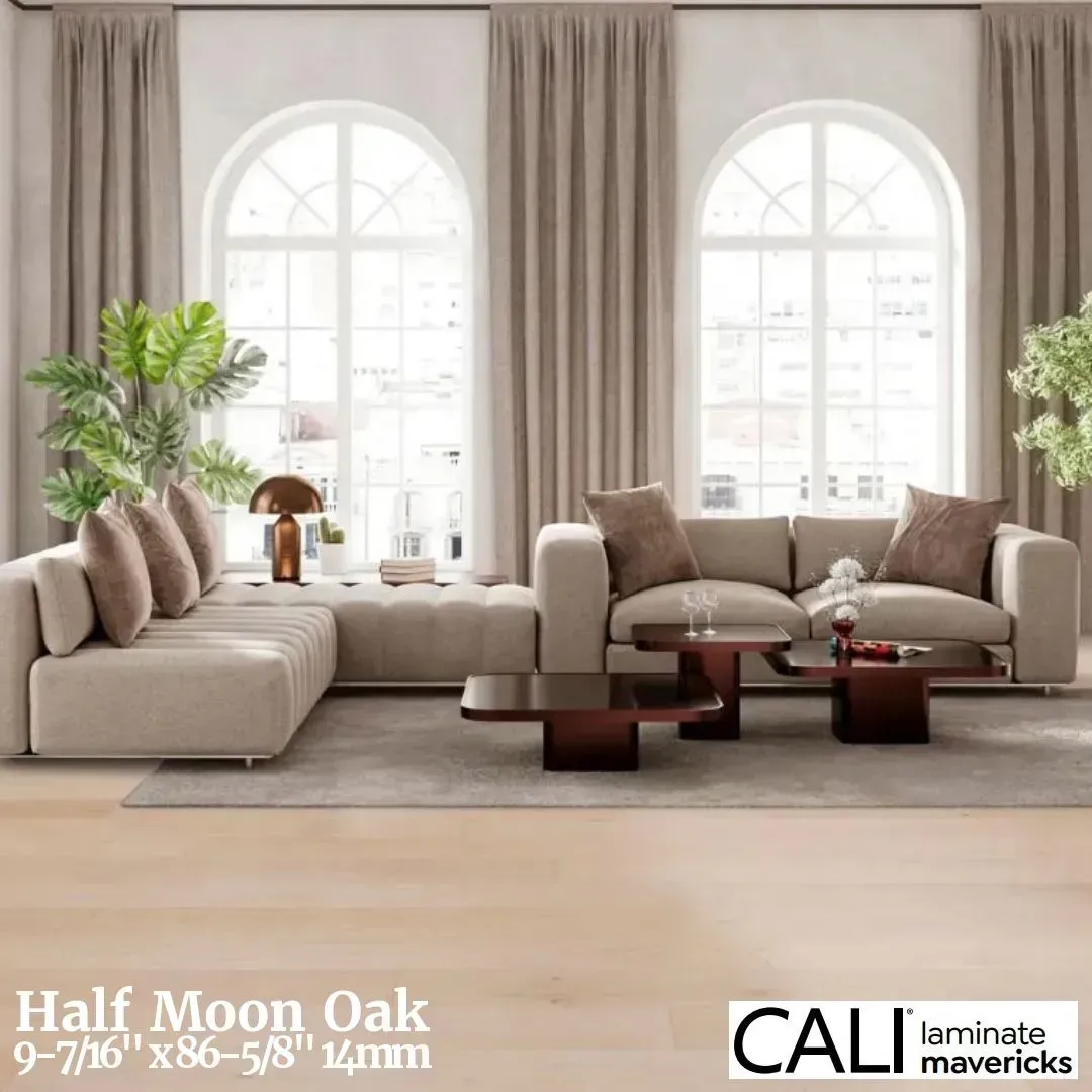 A modern living room with a beige sectional sofa, dark wooden coffee tables, and light oak laminate flooring.