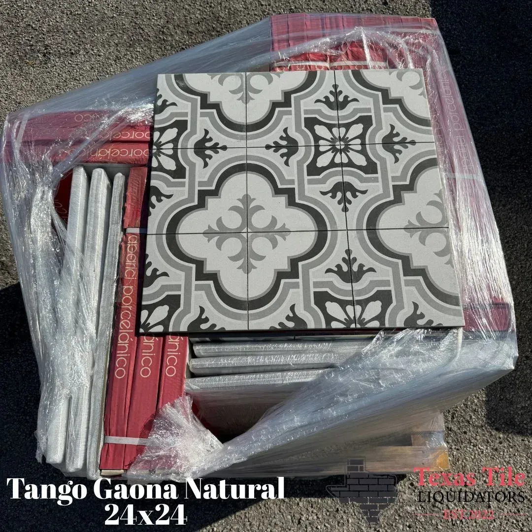 Pallet of Tango Gaona Natural 24x24 tiles, featuring a repeating grey and white decorative geometric pattern.