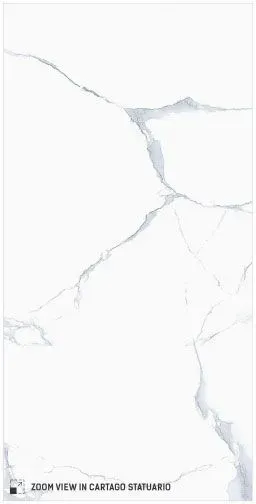 A white porcelain slab with prominent, sharp grey veins resembling marble, labeled