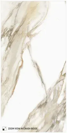 A vertical ceramic tile with a white background and beige, swirling marble veining, labeled