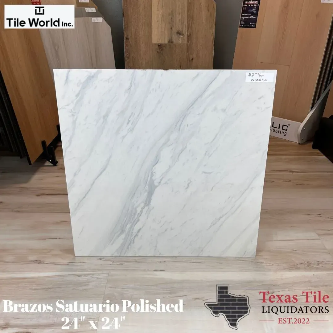 A white polished tile with grey marble veining from Texas Tile Liquidators, labeled as 21