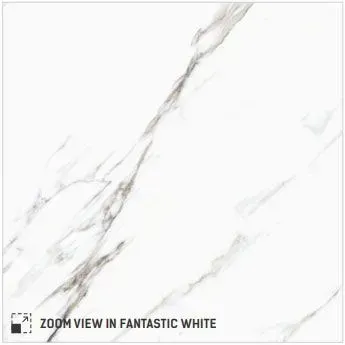 White marble tile with subtle gray veining, labeled “ZOOM VIEW IN FANTASTIC WHITE”