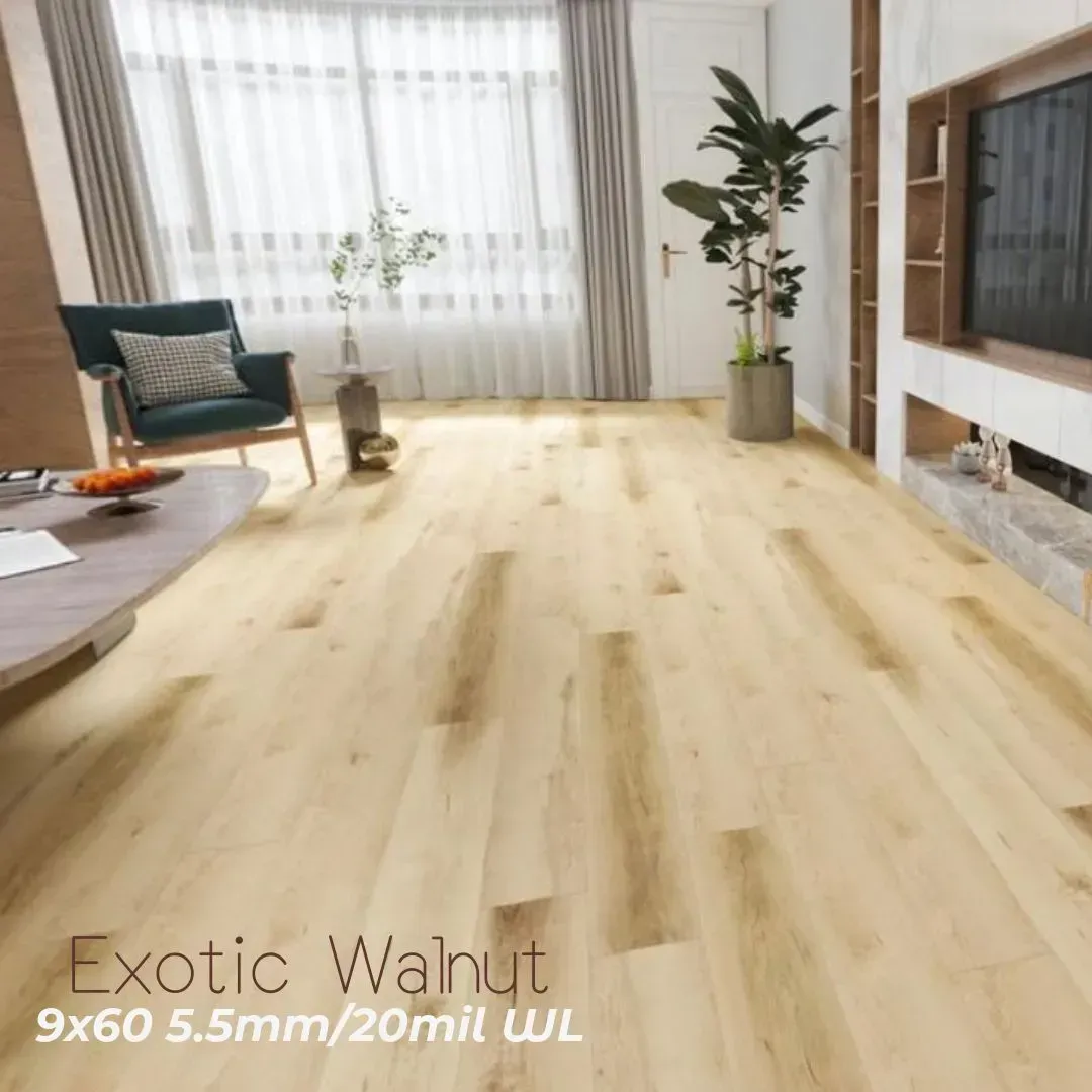 A bright, modern living room with light, natural-toned wood flooring, a window with curtains, and a television unit.