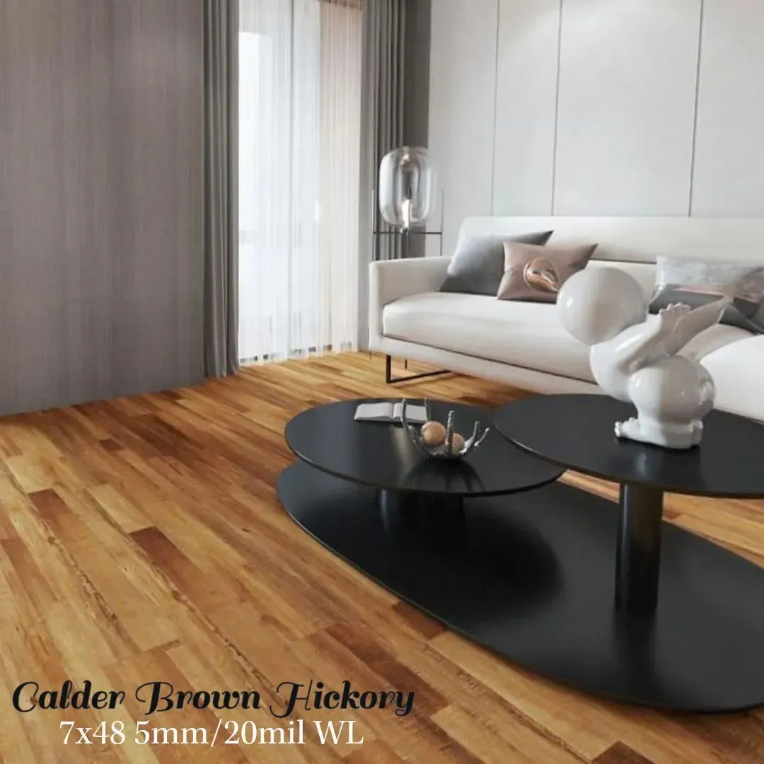 Modern living room with light wood hickory flooring, white sofa, and black round coffee tables