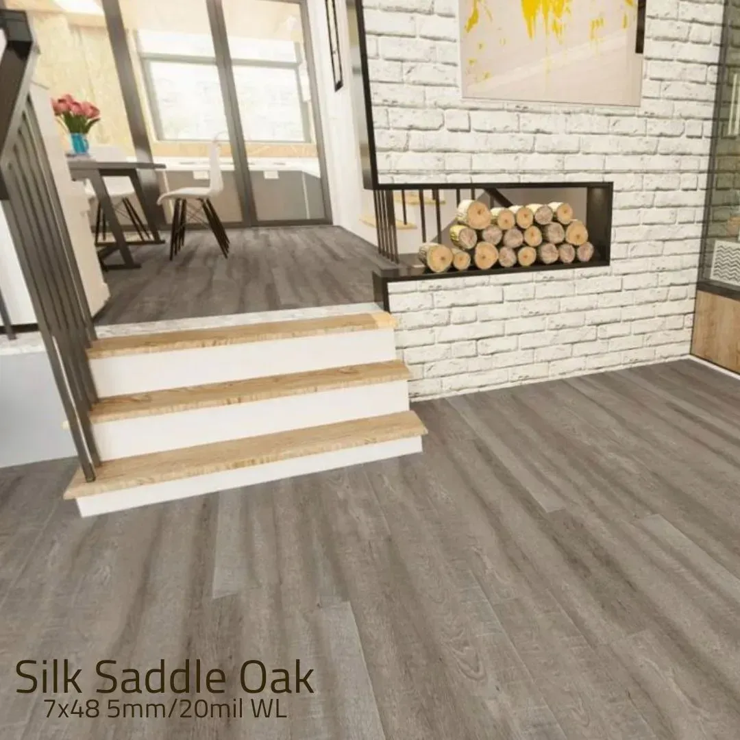 Silk Saddle Oak luxury vinyl flooring installed in a room with a white brick accent wall, fireplace, and wooden stairs.