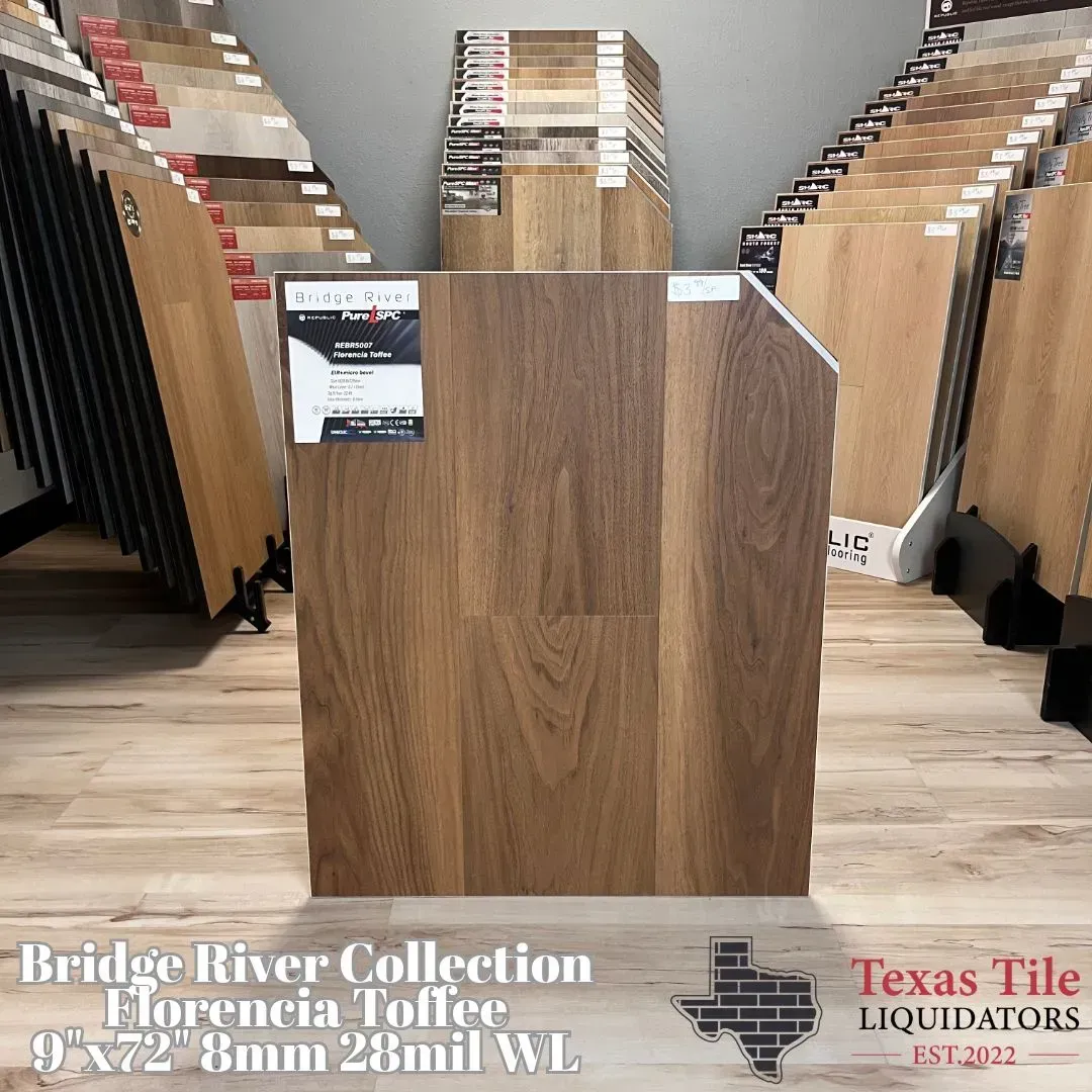 A flooring sample labeled Bridge River Collection, Florencia Toffee, 9