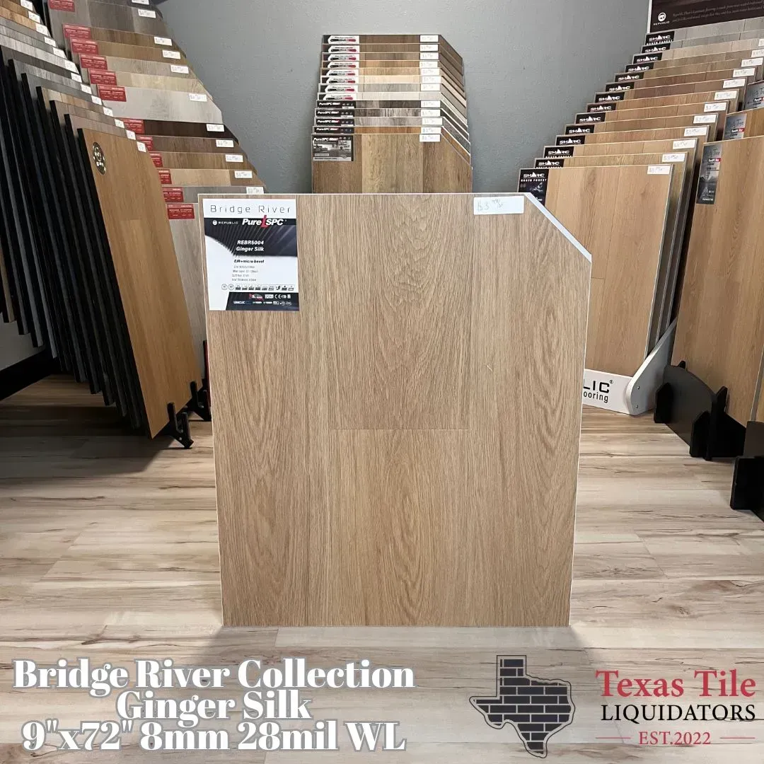 A display board of Ginger Silk light wood flooring from the Bridge River Collection at Texas Tile Liquidators.