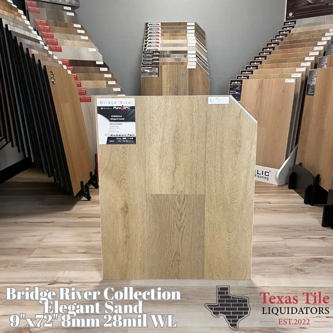 Displays of Bridge River Collection Elegant Sand vinyl flooring samples in a showroom, marked with product specifications.