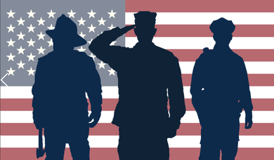 Three dark silhouettes in front of an American flag backdrop, one saluting in the center.