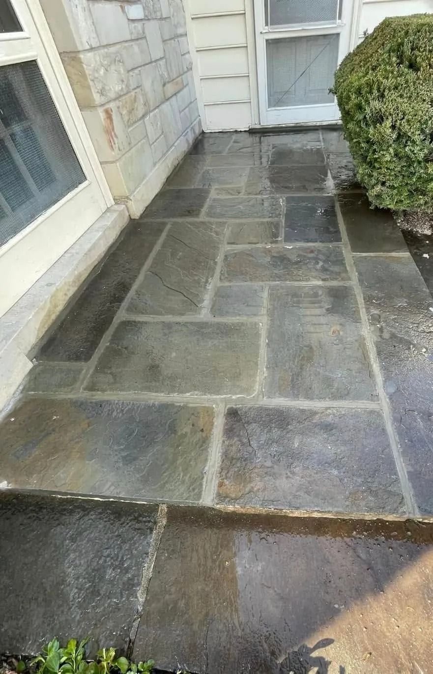 Stone pathway leading to a white door, next to a green bush, and a light-colored wall.