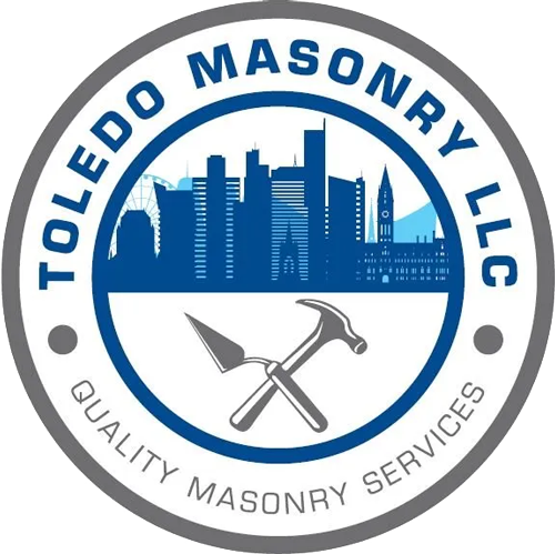 Logo for Toledo Masonry LLC, featuring a city skyline, trowel, and hammer. Blue and gray circular design.