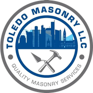 Logo for Toledo Masonry LLC, featuring a city skyline, trowel, and hammer. Blue and gray circular design.