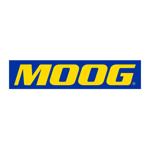A blue and yellow logo for moog on a white background.