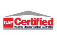 GAF Certified Weather Stopper Roofing Contractor logo. Red, white, and gray text with a house graphic.