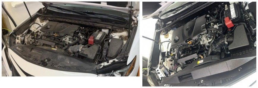 Two images of a white car's open engine bay, showing internal components like the battery and air intake assembly.