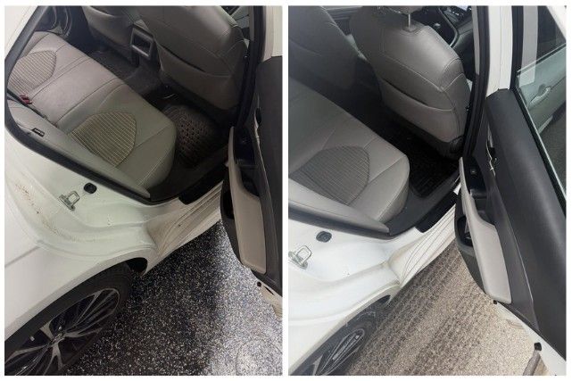 Split-view showing the interior of a white car, focusing on the back seats, door frames, and floor mats.