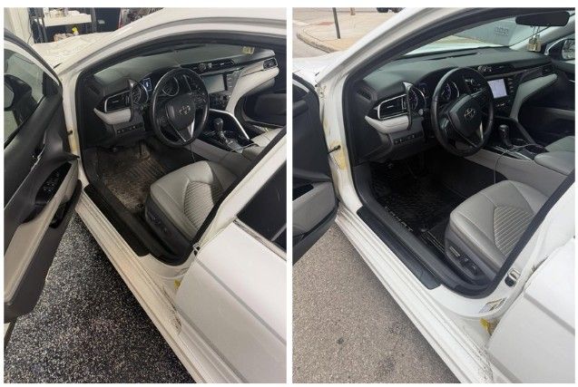 A split-view showing the interior of a white car with light-colored leather seats and a black dashboard.