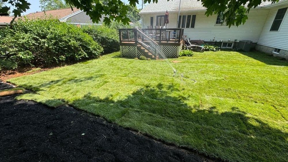 A lush green lawn in front of a house with a deck.