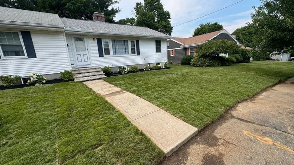 A white house with a lush green lawn and a walkway leading to it.