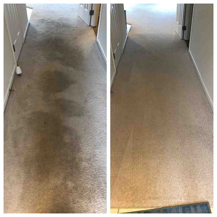 A before and after photo of a hallway carpet being cleaned.