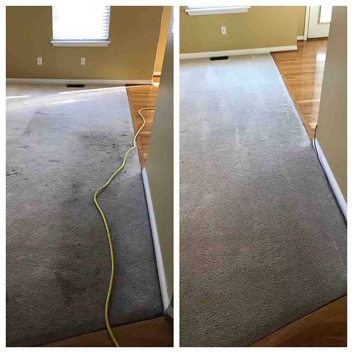 A before and after photo of a carpet being cleaned in a living room.