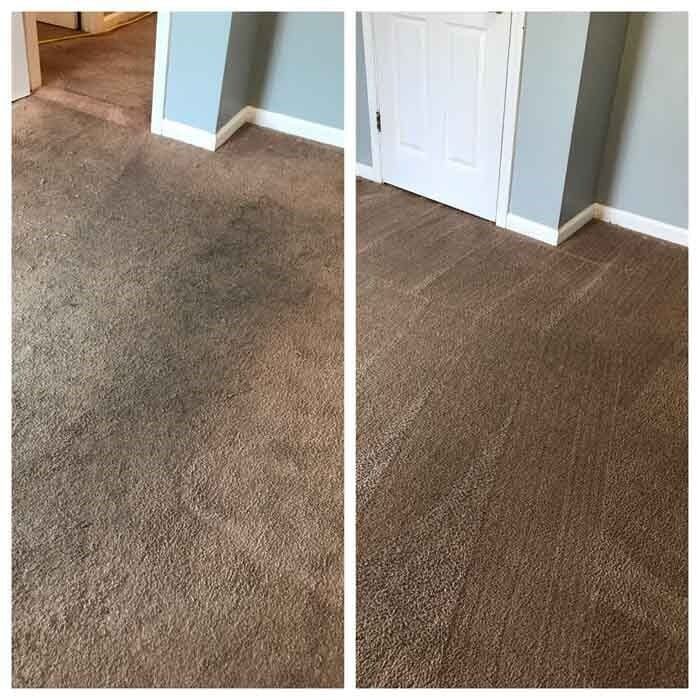A before and after picture of a carpet in a room.