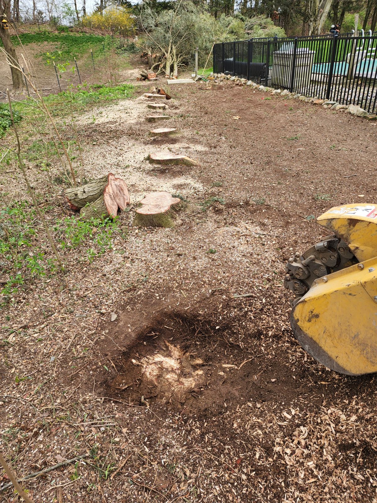 A stump grinder is cutting a tree stump in the ground