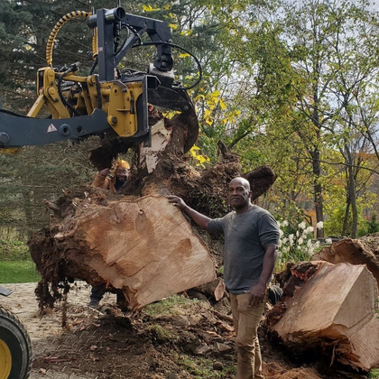A man is standing next to a large piece of wood being lifted by a crane.