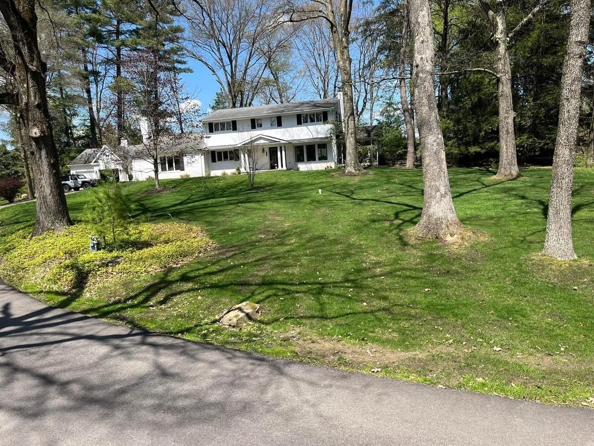 A large white house is sitting on top of a lush green hill surrounded by trees
