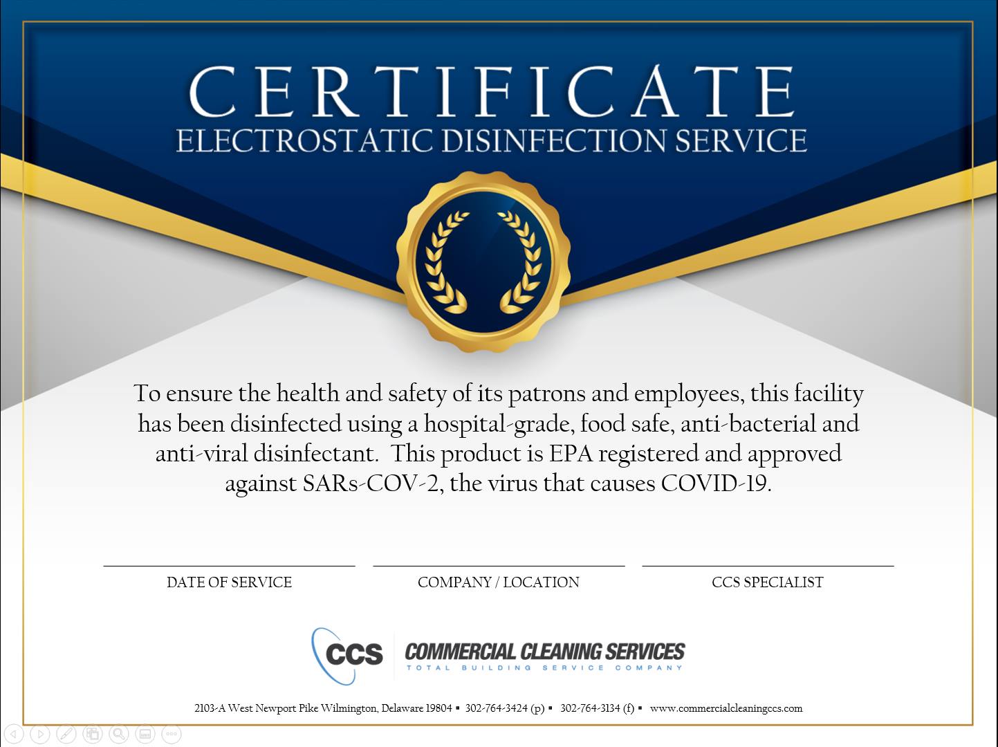 Electrostatic Disinfection Service Certificate