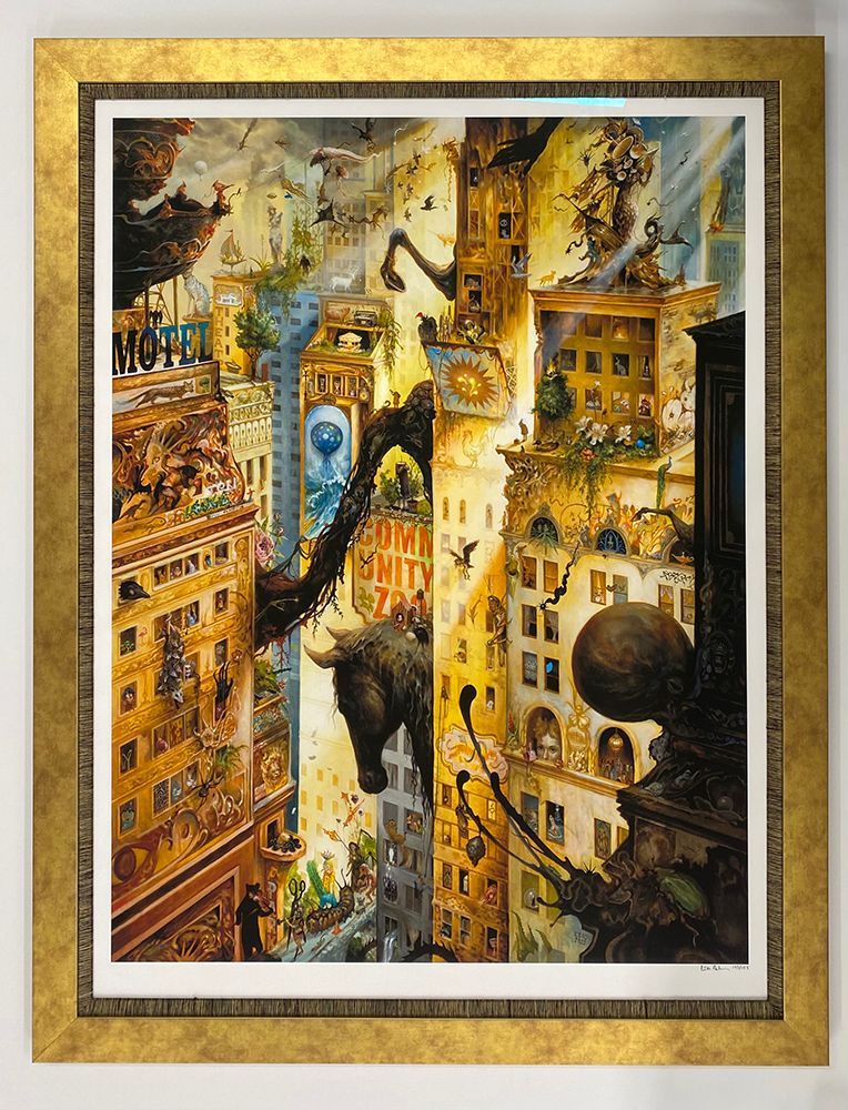 A framed painting of a city with a sign that says motel on it