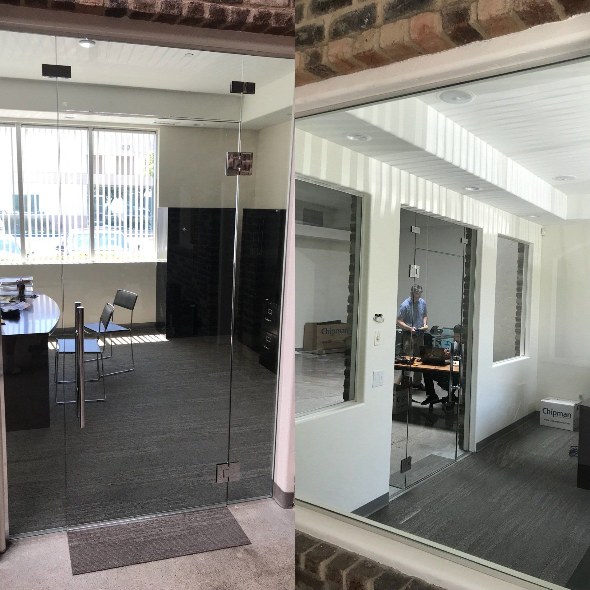 A picture of a room with a glass door and a picture of a room without a glass door