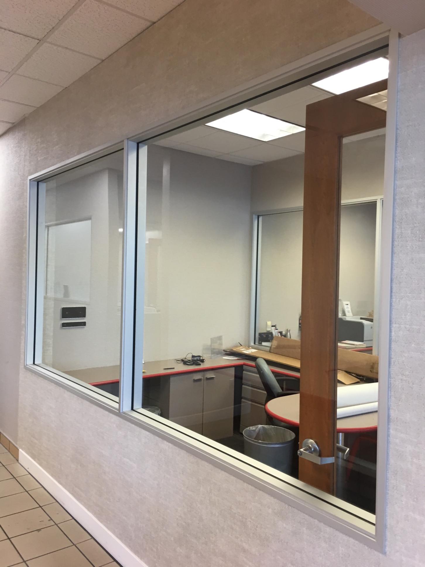 A view of an office through a large window